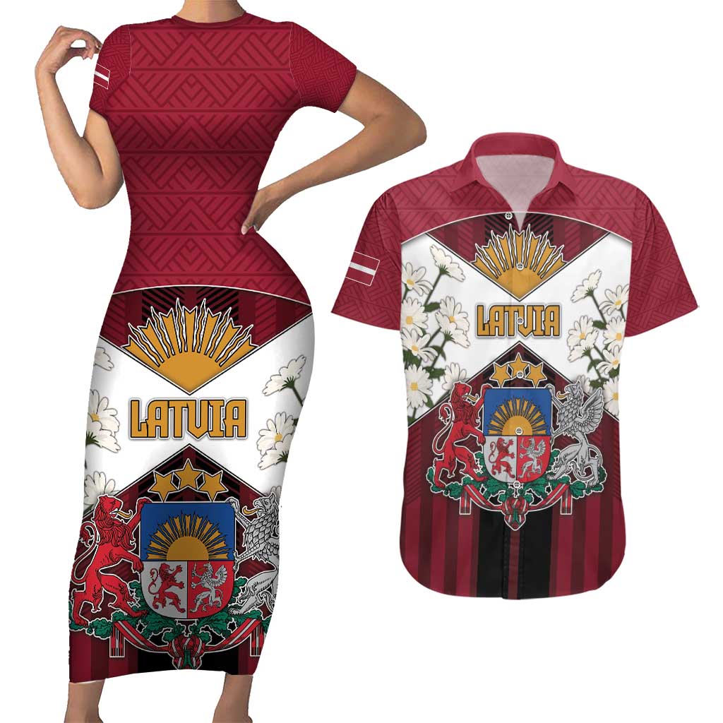 Personalized Latvia Couples Matching Short Sleeve Bodycon Dress and Hawaiian Shirt Symbol With Latvians Patterns - Wonder Print Shop