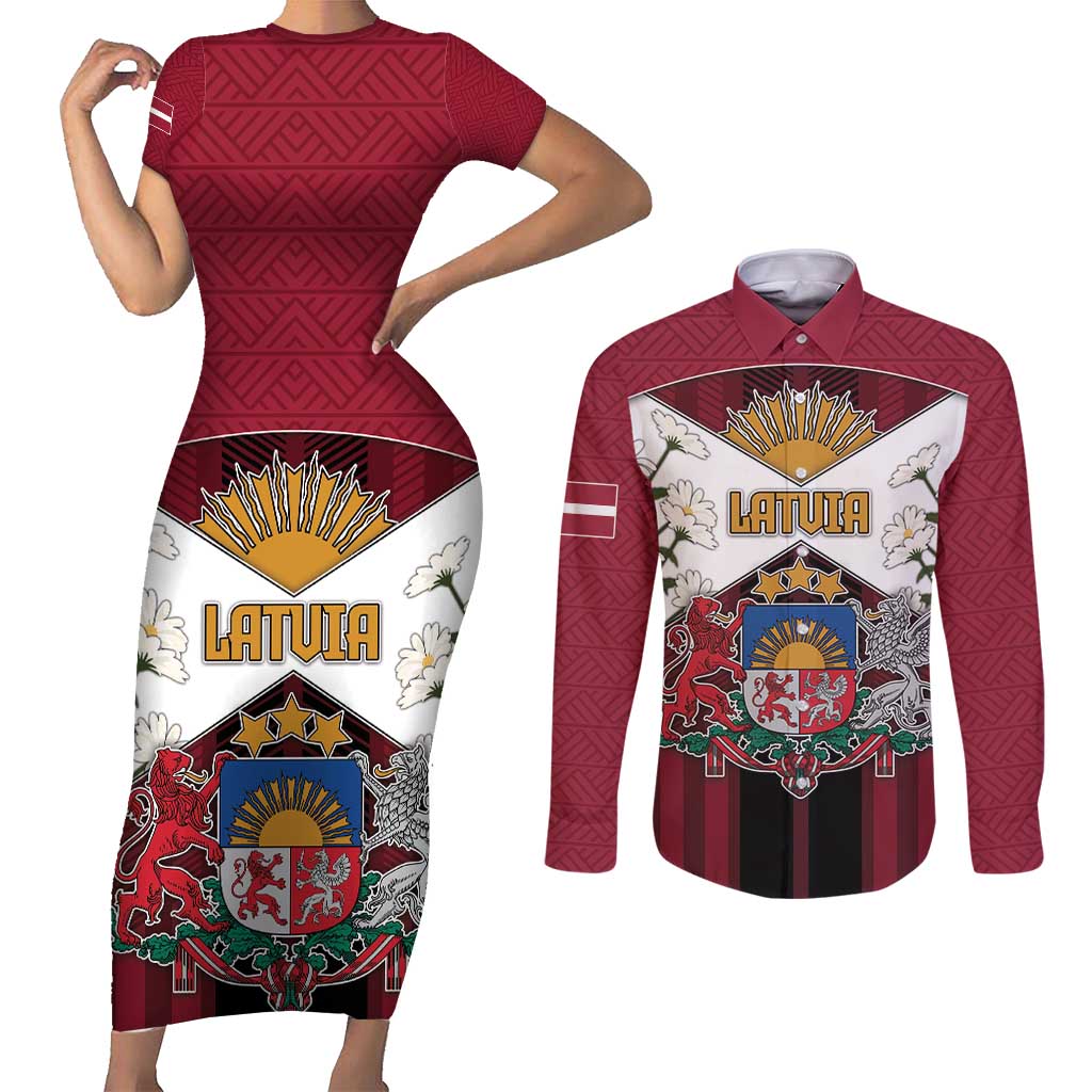 Personalized Latvia Couples Matching Short Sleeve Bodycon Dress and Long Sleeve Button Shirt Symbol With Latvians Patterns - Wonder Print Shop