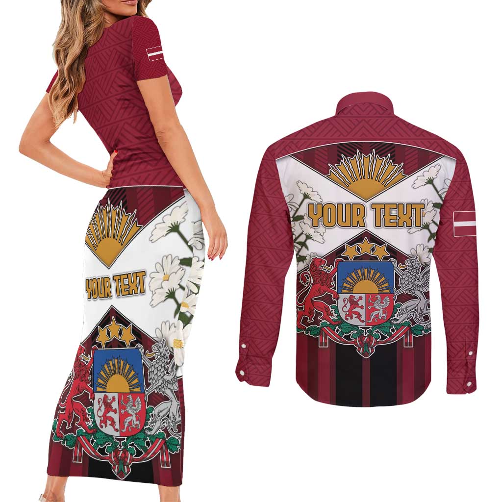 Personalized Latvia Couples Matching Short Sleeve Bodycon Dress and Long Sleeve Button Shirt Symbol With Latvians Patterns - Wonder Print Shop