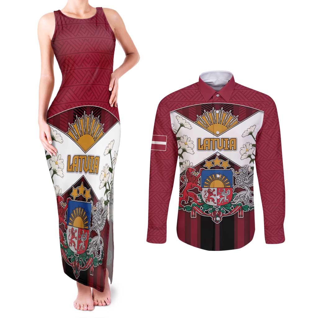 Personalized Latvia Couples Matching Tank Maxi Dress and Long Sleeve Button Shirt Symbol With Latvians Patterns - Wonder Print Shop