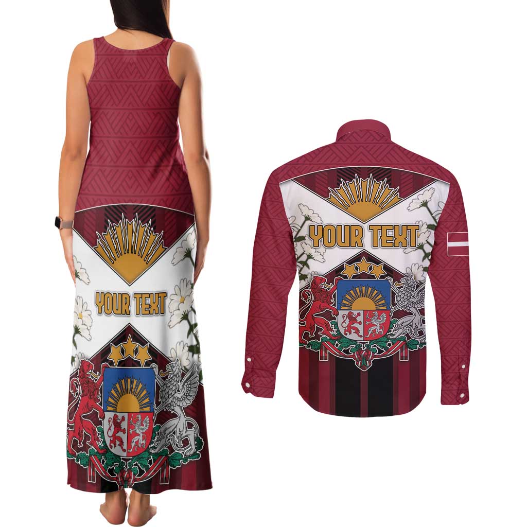 Personalized Latvia Couples Matching Tank Maxi Dress and Long Sleeve Button Shirt Symbol With Latvians Patterns - Wonder Print Shop