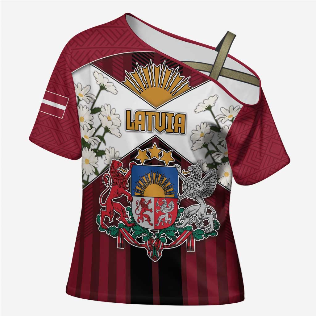 Personalized Latvia Cross Shoulder Shirt Symbol With Latvians Patterns - Wonder Print Shop
