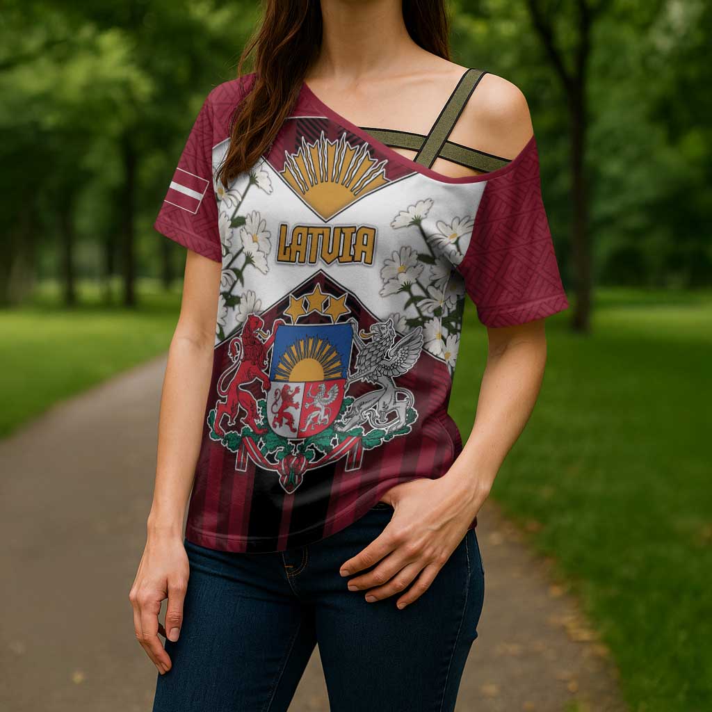Personalized Latvia Cross Shoulder Shirt Symbol With Latvians Patterns - Wonder Print Shop