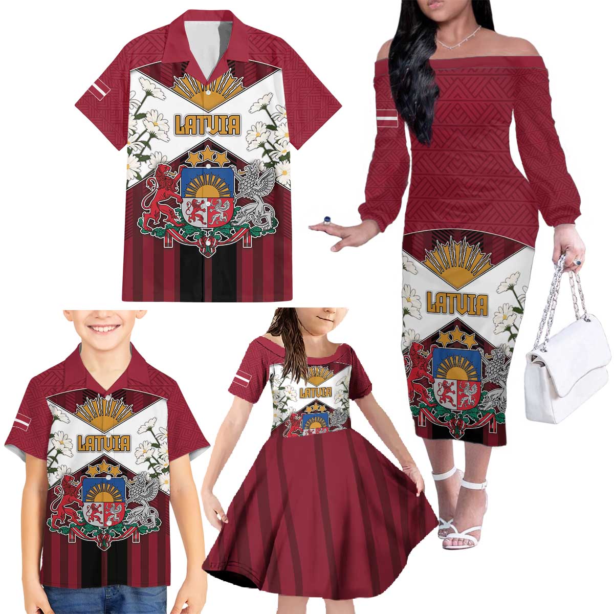 Personalized Latvia Family Matching Off The Shoulder Long Sleeve Dress and Hawaiian Shirt Symbol With Latvians Patterns - Wonder Print Shop