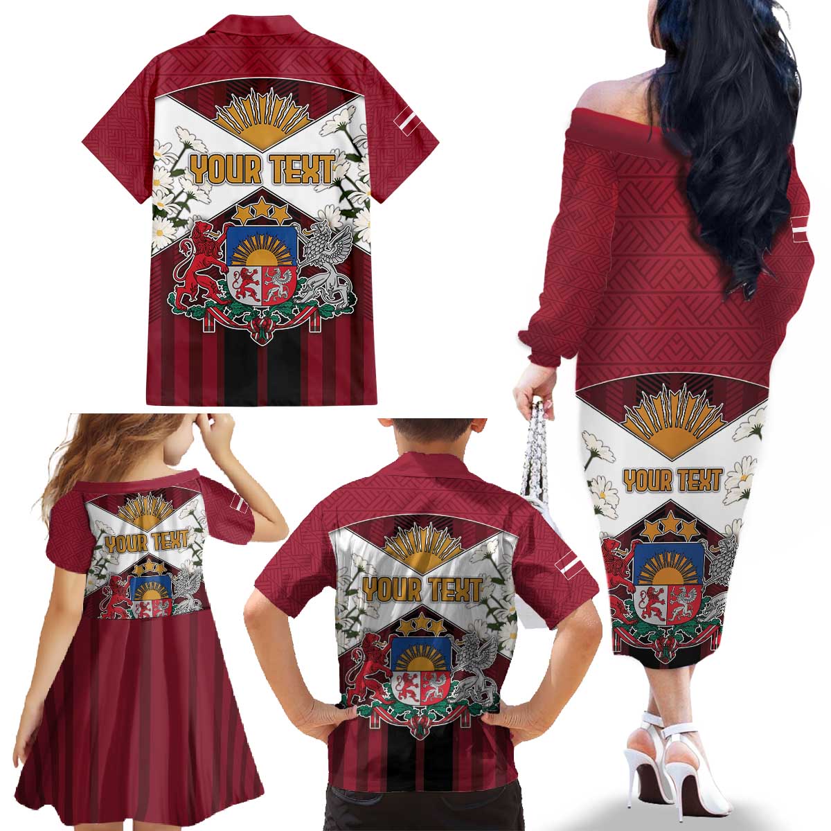 Personalized Latvia Family Matching Off The Shoulder Long Sleeve Dress and Hawaiian Shirt Symbol With Latvians Patterns - Wonder Print Shop