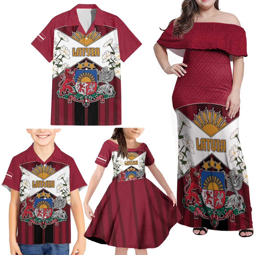 Personalized Latvia Family Matching Off Shoulder Maxi Dress and Hawaiian Shirt Symbol With Latvians Patterns - Wonder Print Shop