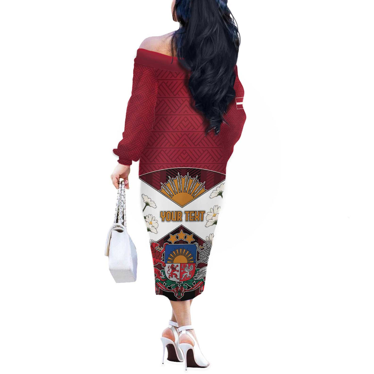 Personalized Latvia Off The Shoulder Long Sleeve Dress Symbol With Latvians Patterns - Wonder Print Shop