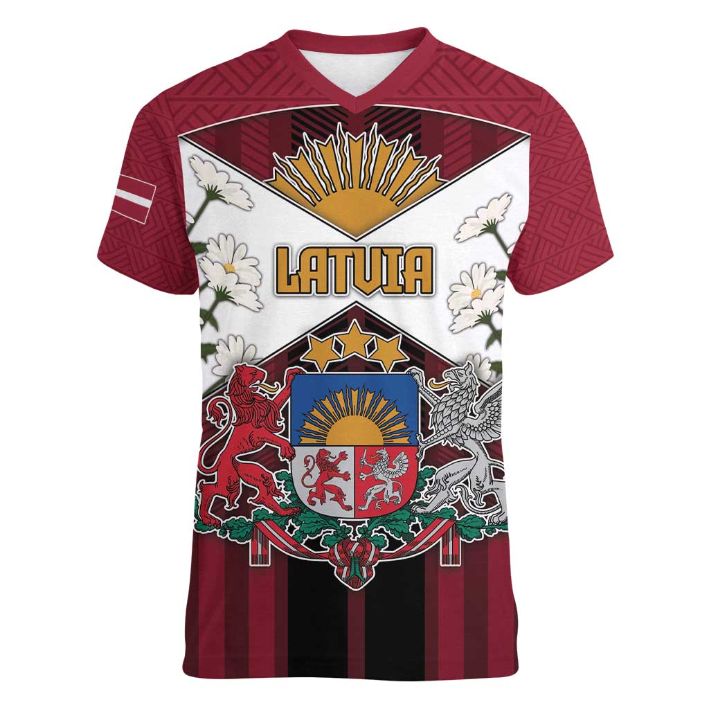 Personalized Latvia Women V-Neck T-Shirt Symbol With Latvians Patterns - Wonder Print Shop