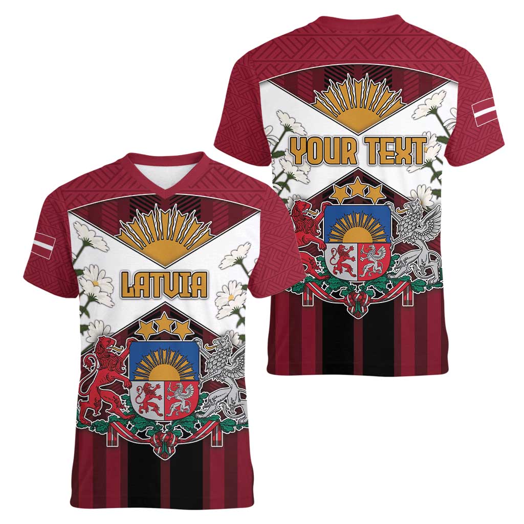 Personalized Latvia Women V-Neck T-Shirt Symbol With Latvians Patterns - Wonder Print Shop