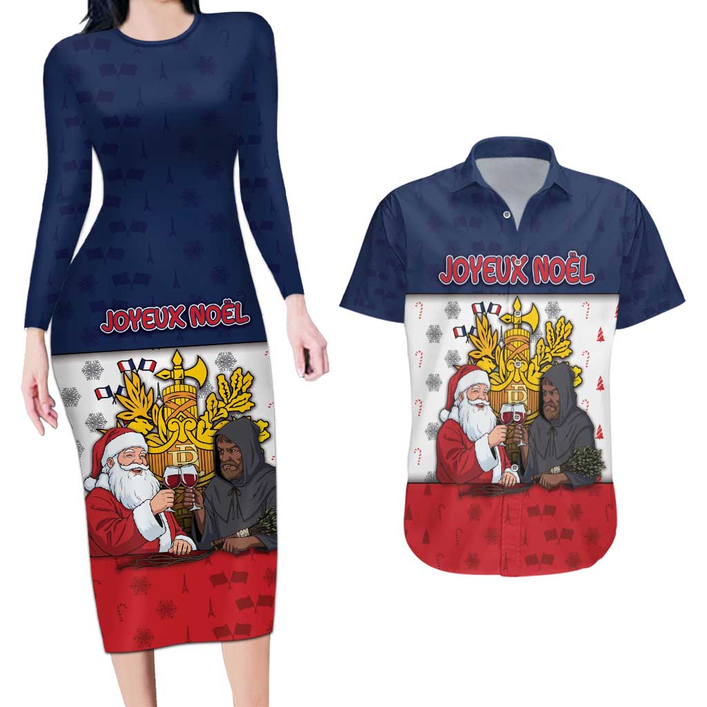 France Christmas Couples Matching Long Sleeve Bodycon Dress and Hawaiian Shirt Pere Noel And Pere Fouettard - Wonder Print Shop