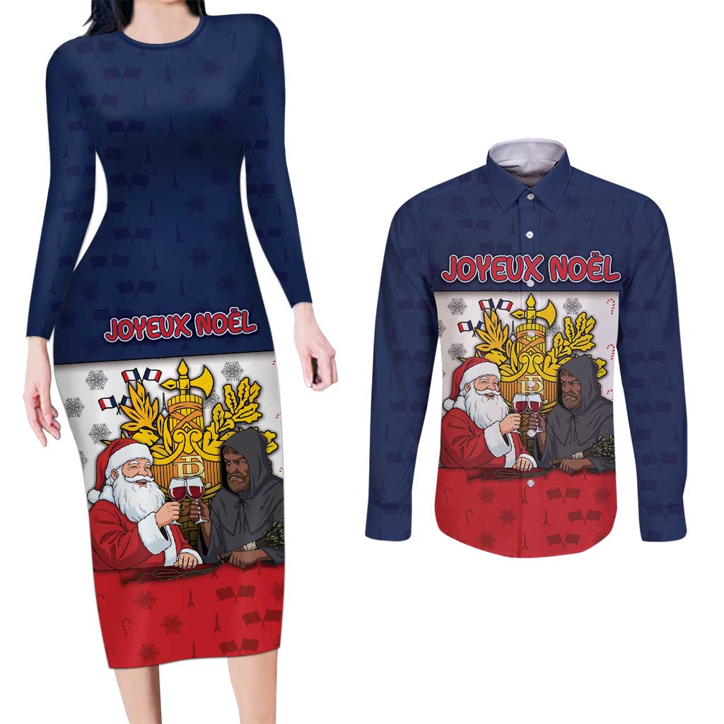 France Christmas Couples Matching Long Sleeve Bodycon Dress and Long Sleeve Button Shirt Pere Noel And Pere Fouettard - Wonder Print Shop