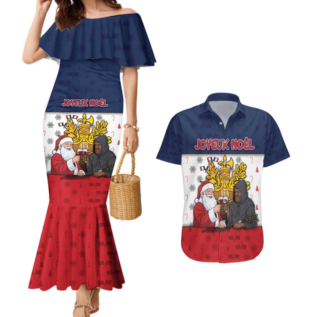 France Christmas Couples Matching Mermaid Dress and Hawaiian Shirt Pere Noel And Pere Fouettard - Wonder Print Shop