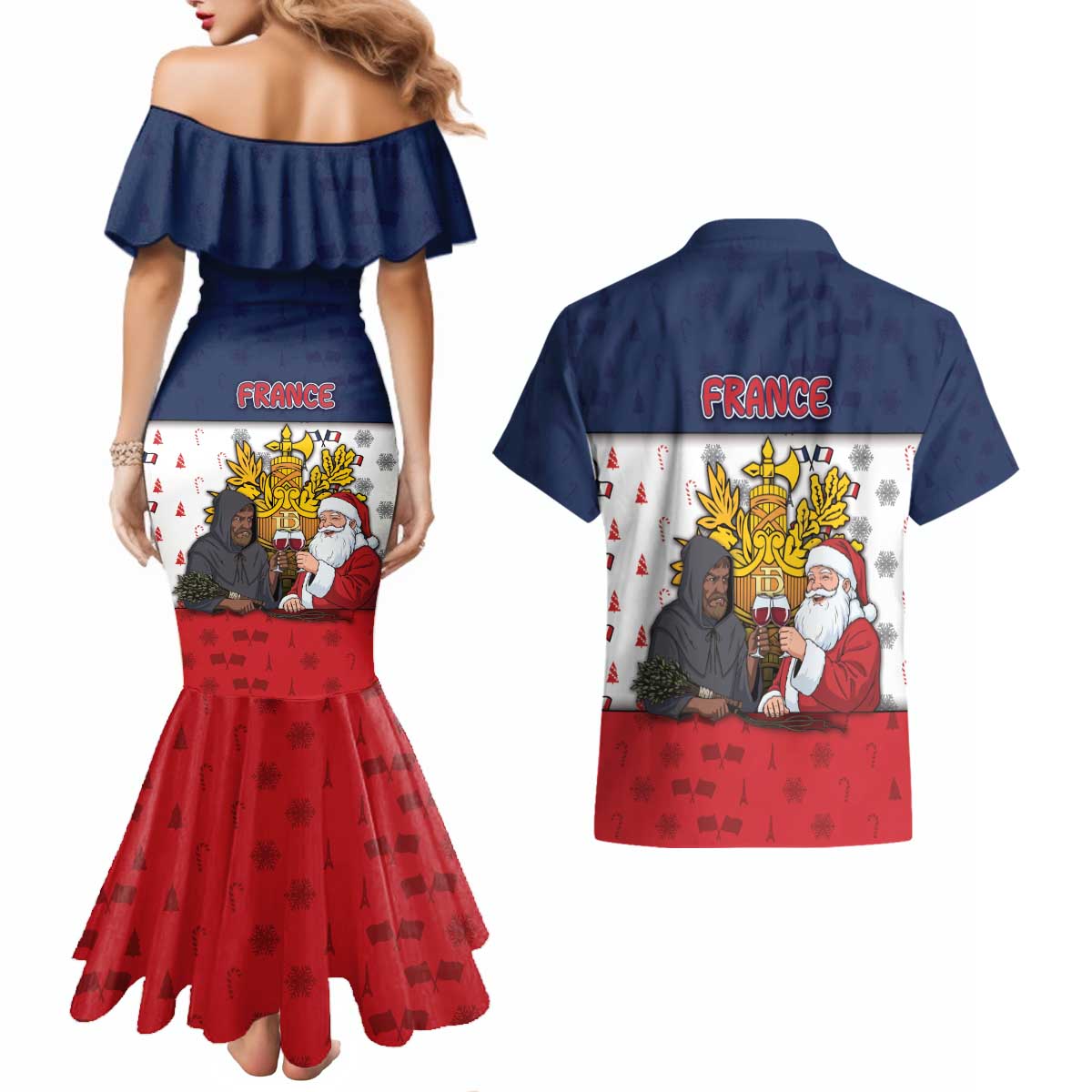 France Christmas Couples Matching Mermaid Dress and Hawaiian Shirt Pere Noel And Pere Fouettard - Wonder Print Shop