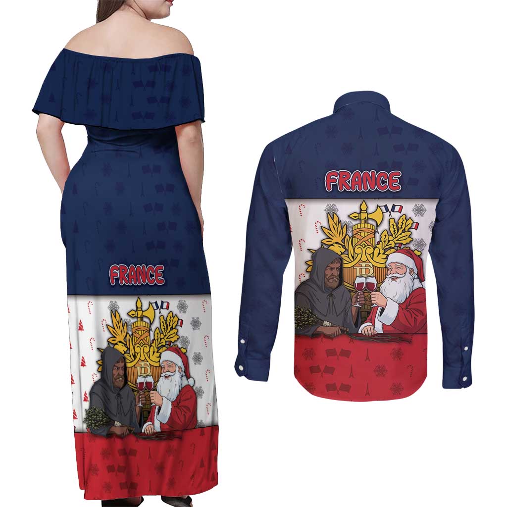 France Christmas Couples Matching Off Shoulder Maxi Dress and Long Sleeve Button Shirt Pere Noel And Pere Fouettard - Wonder Print Shop