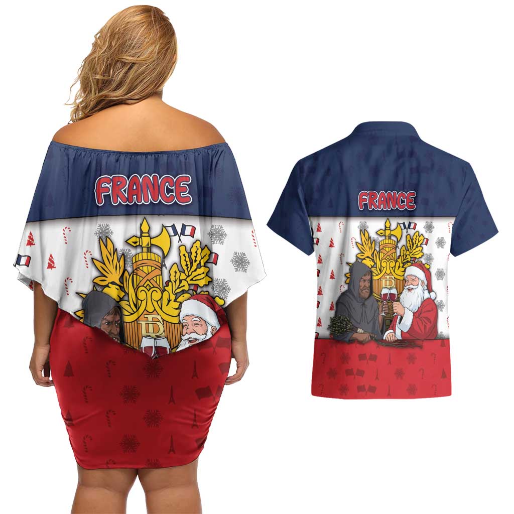 France Christmas Couples Matching Off Shoulder Short Dress and Hawaiian Shirt Pere Noel And Pere Fouettard - Wonder Print Shop