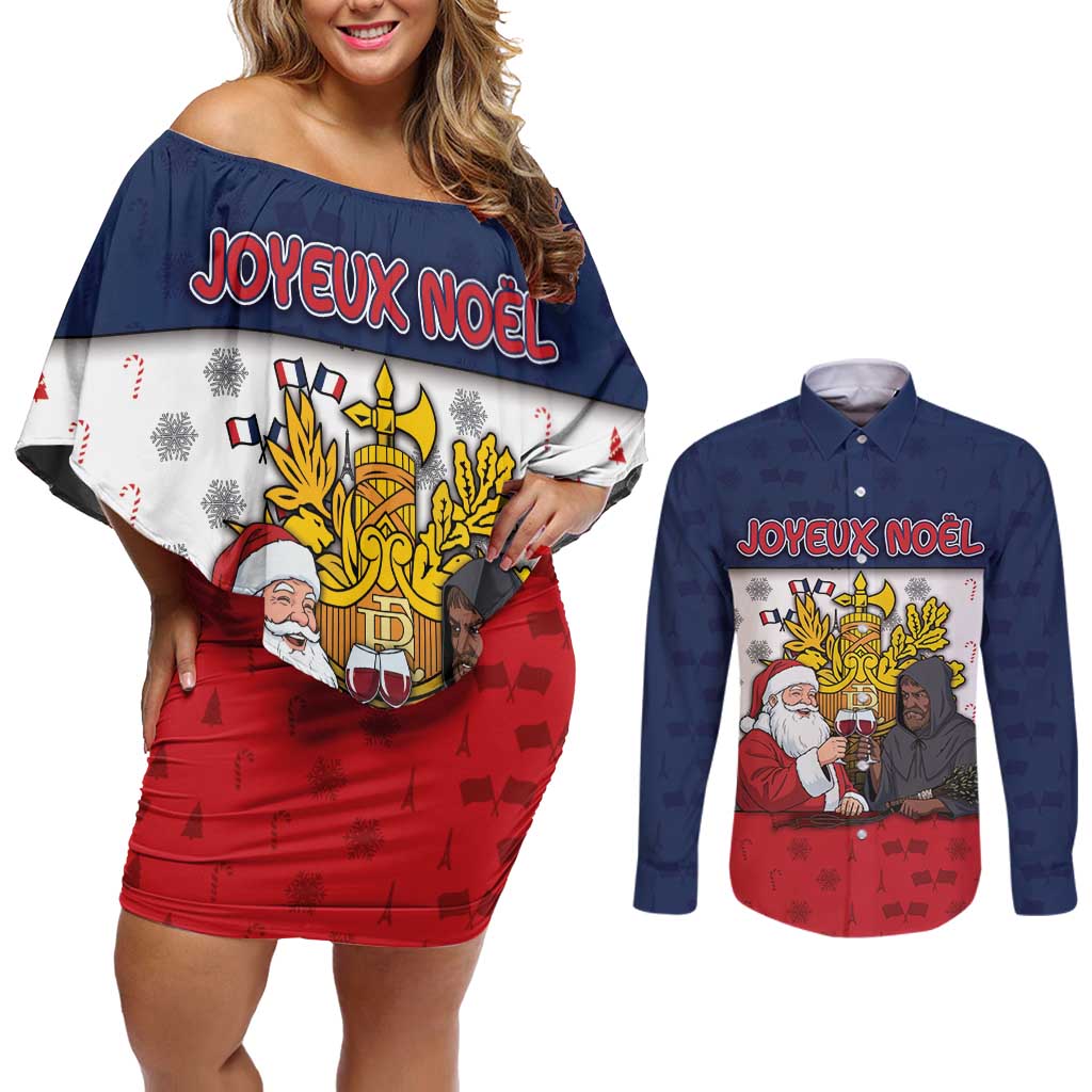 France Christmas Couples Matching Off Shoulder Short Dress and Long Sleeve Button Shirt Pere Noel And Pere Fouettard - Wonder Print Shop