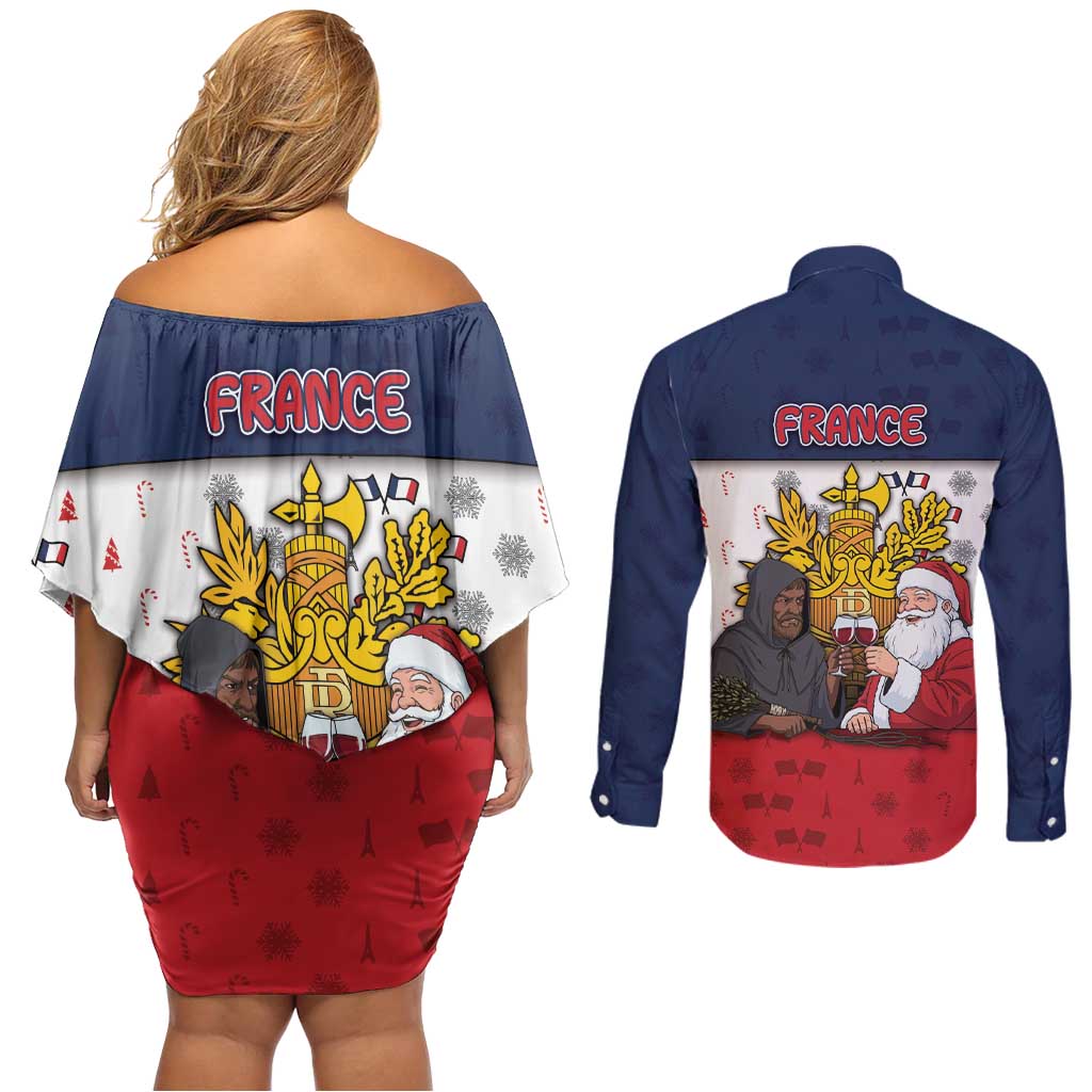 France Christmas Couples Matching Off Shoulder Short Dress and Long Sleeve Button Shirt Pere Noel And Pere Fouettard - Wonder Print Shop