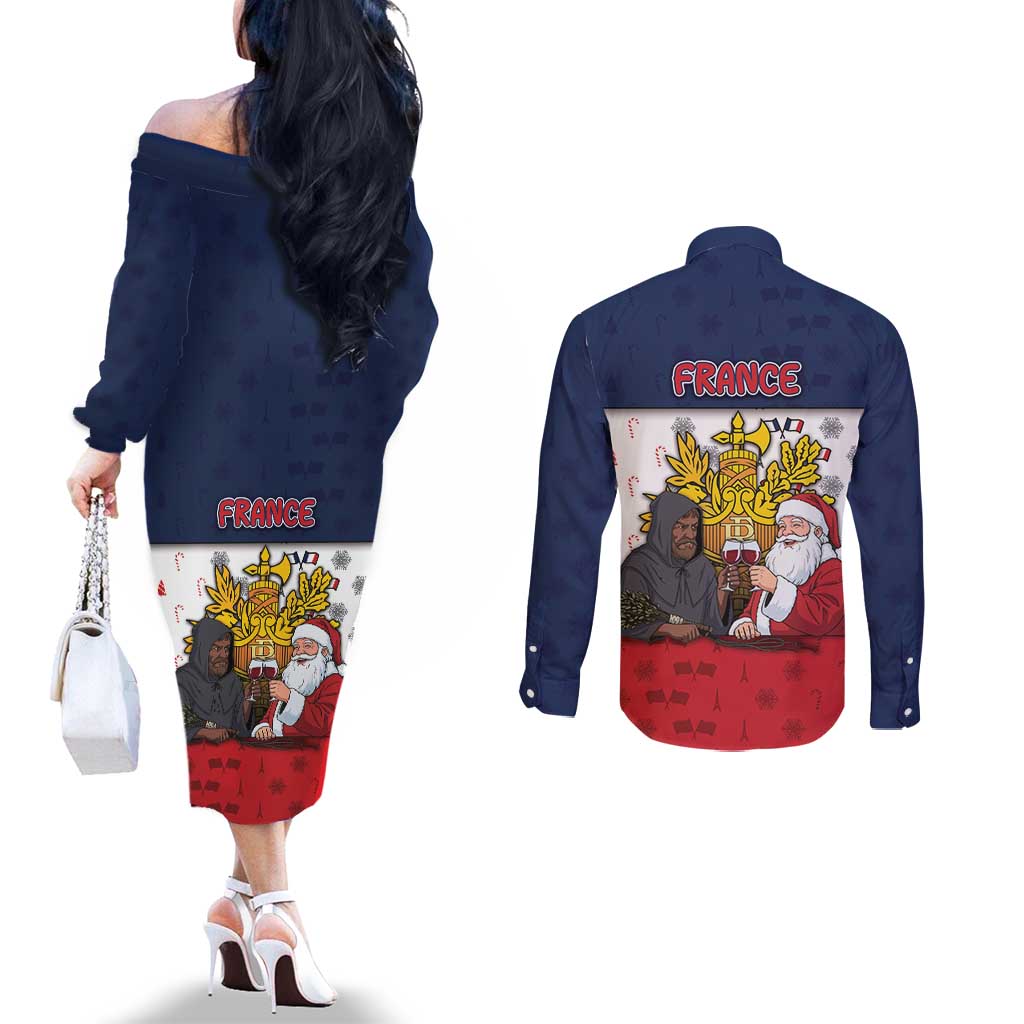 France Christmas Couples Matching Off The Shoulder Long Sleeve Dress and Long Sleeve Button Shirt Pere Noel And Pere Fouettard - Wonder Print Shop