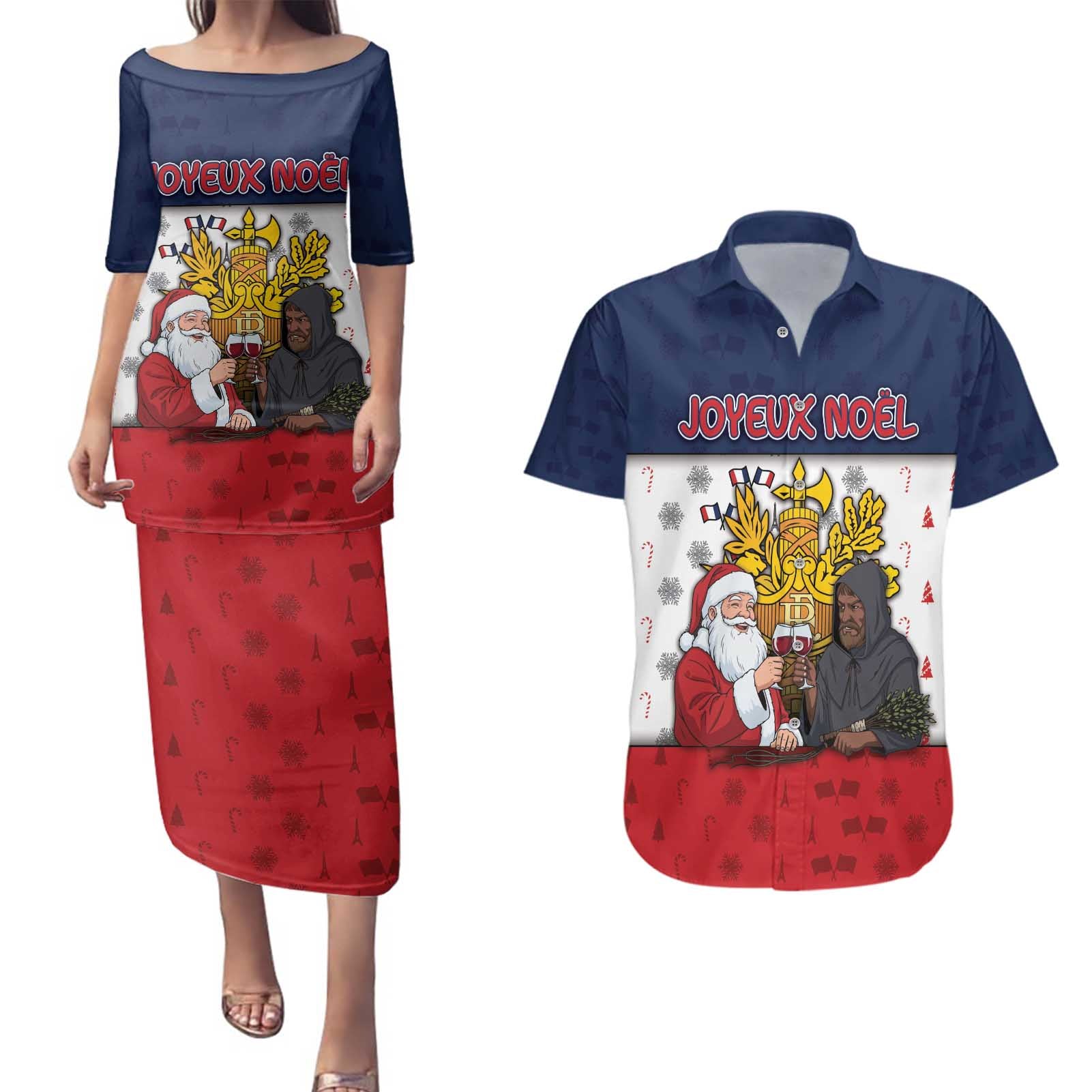 France Christmas Couples Matching Puletasi and Hawaiian Shirt Pere Noel And Pere Fouettard - Wonder Print Shop