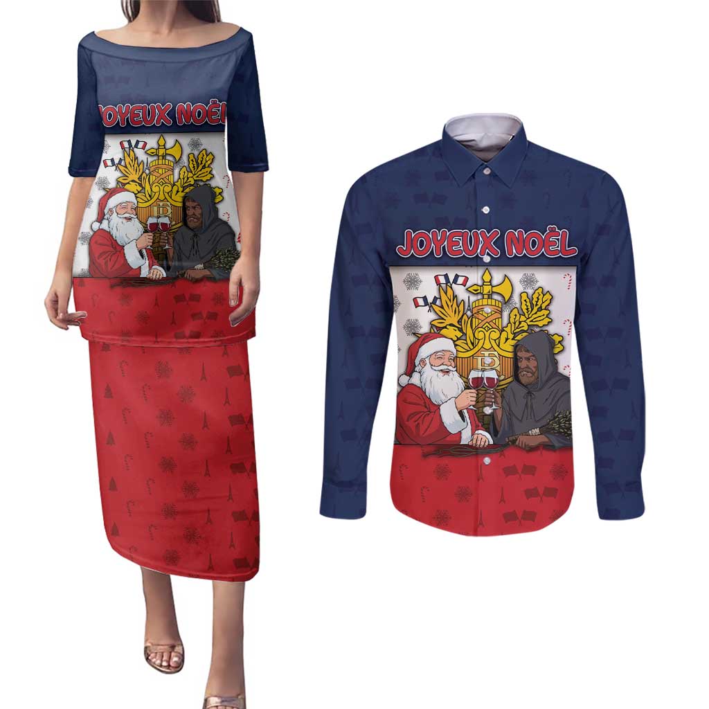 France Christmas Couples Matching Puletasi and Long Sleeve Button Shirt Pere Noel And Pere Fouettard - Wonder Print Shop