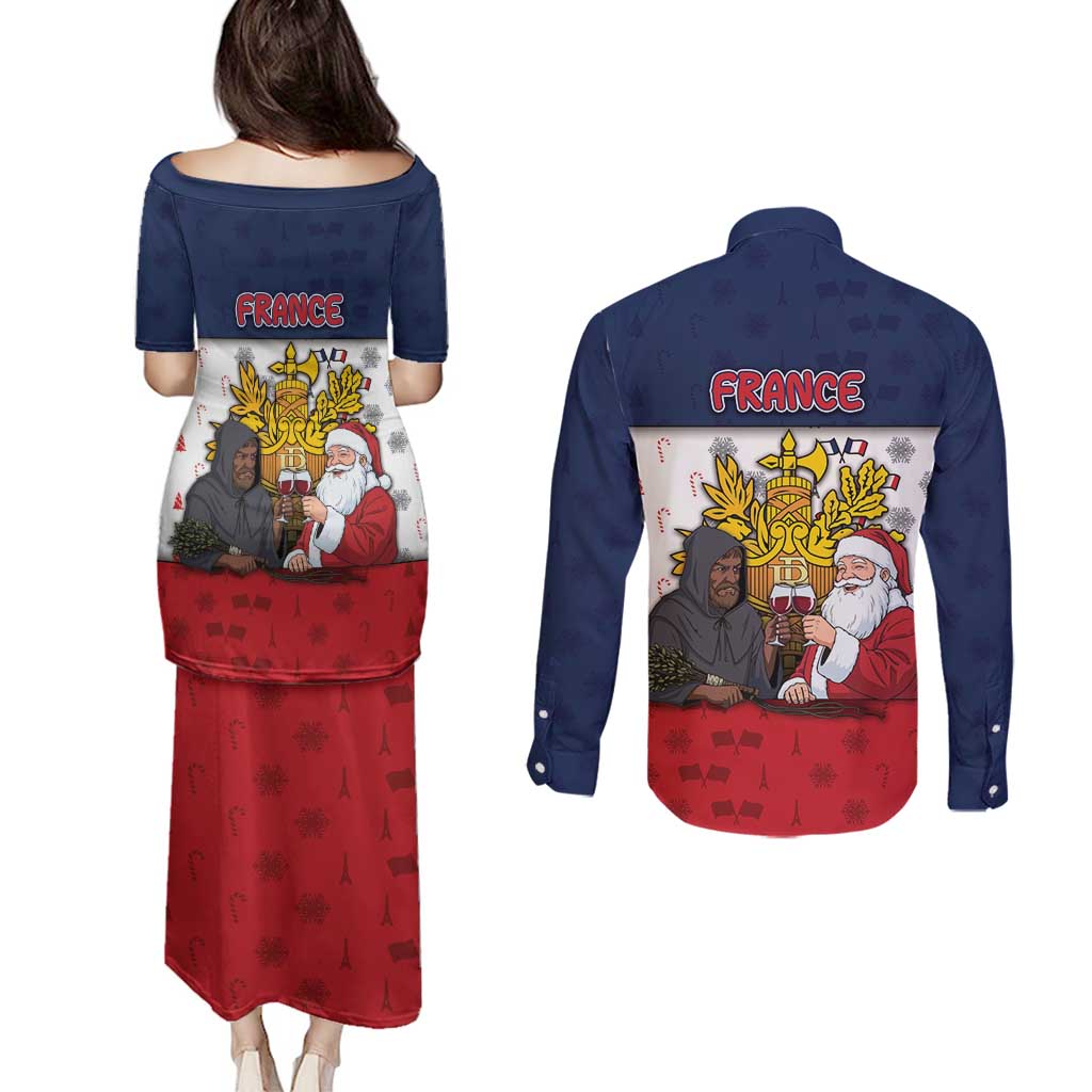 France Christmas Couples Matching Puletasi and Long Sleeve Button Shirt Pere Noel And Pere Fouettard - Wonder Print Shop