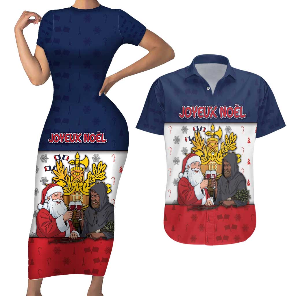 France Christmas Couples Matching Short Sleeve Bodycon Dress and Hawaiian Shirt Pere Noel And Pere Fouettard - Wonder Print Shop