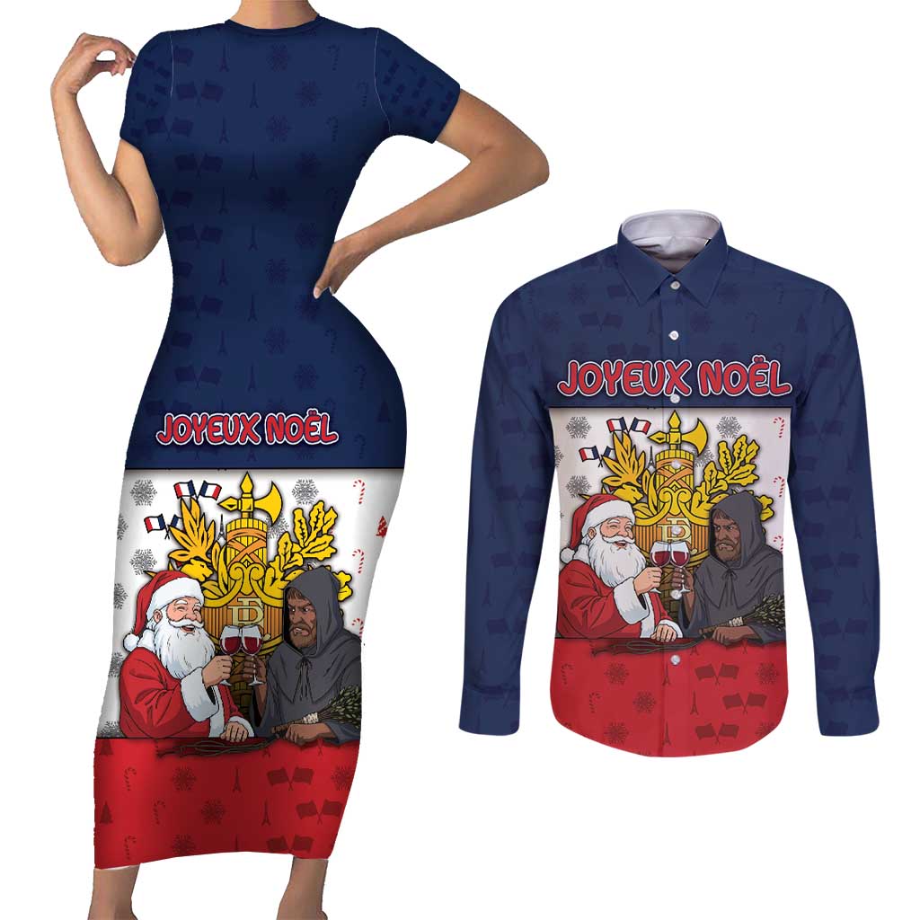 France Christmas Couples Matching Short Sleeve Bodycon Dress and Long Sleeve Button Shirt Pere Noel And Pere Fouettard - Wonder Print Shop