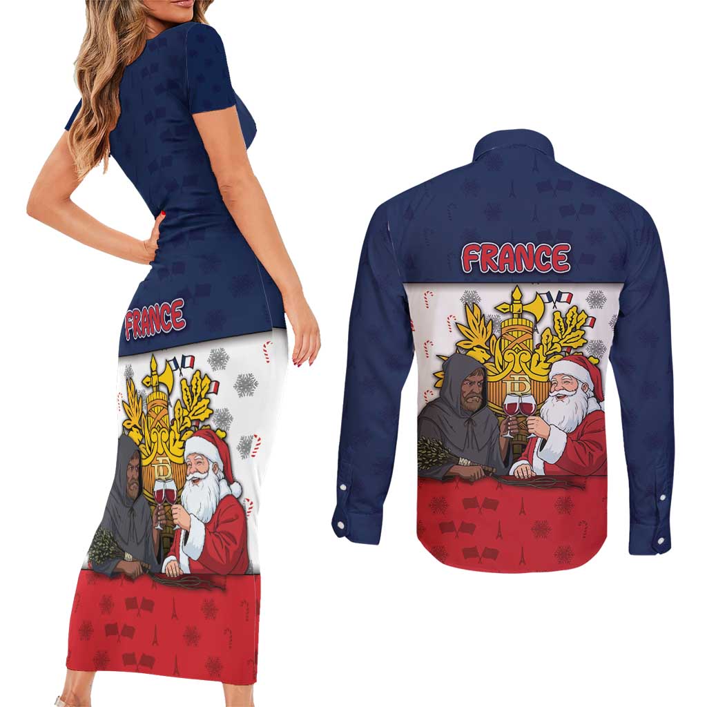 France Christmas Couples Matching Short Sleeve Bodycon Dress and Long Sleeve Button Shirt Pere Noel And Pere Fouettard - Wonder Print Shop