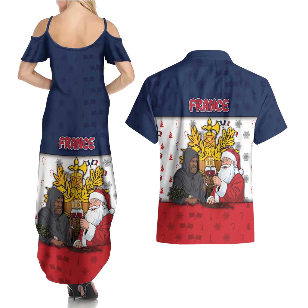 France Christmas Couples Matching Summer Maxi Dress and Hawaiian Shirt Pere Noel And Pere Fouettard - Wonder Print Shop
