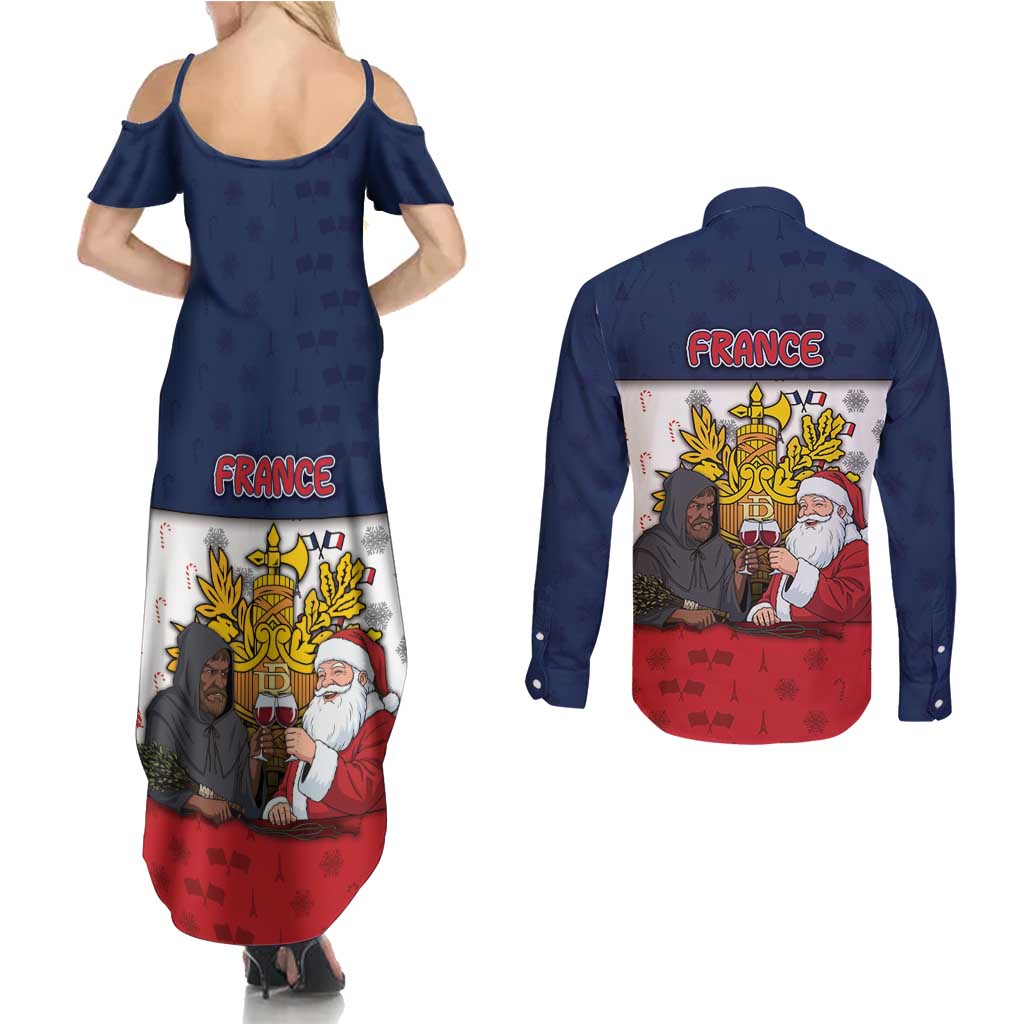 France Christmas Couples Matching Summer Maxi Dress and Long Sleeve Button Shirt Pere Noel And Pere Fouettard - Wonder Print Shop