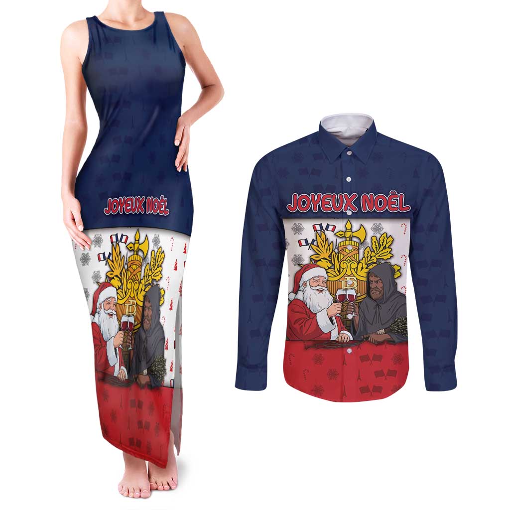 France Christmas Couples Matching Tank Maxi Dress and Long Sleeve Button Shirt Pere Noel And Pere Fouettard - Wonder Print Shop