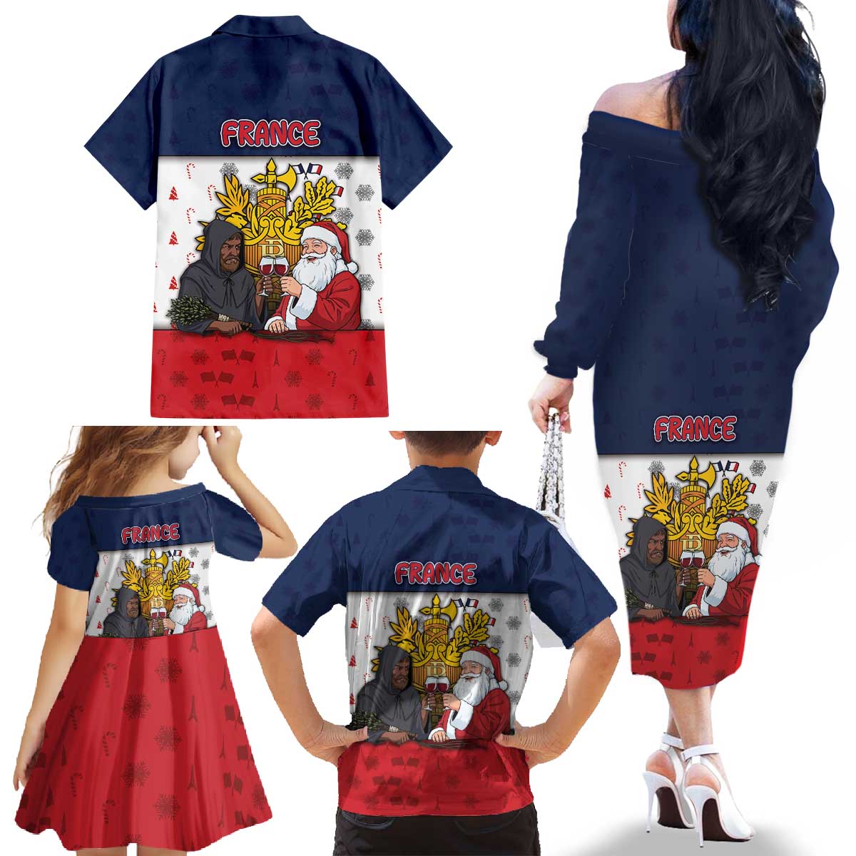 France Christmas Family Matching Off The Shoulder Long Sleeve Dress and Hawaiian Shirt Pere Noel And Pere Fouettard - Wonder Print Shop