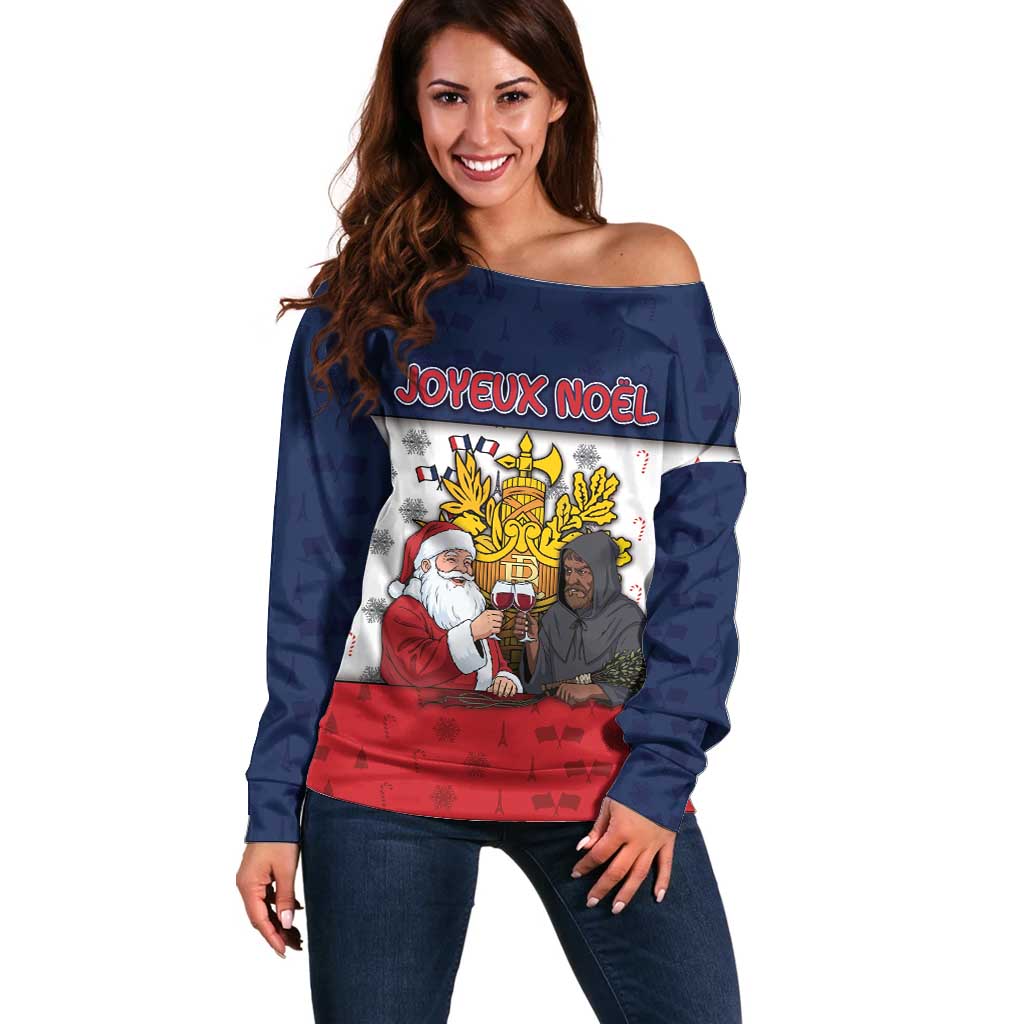 France Christmas Off Shoulder Sweater Pere Noel And Pere Fouettard - Wonder Print Shop