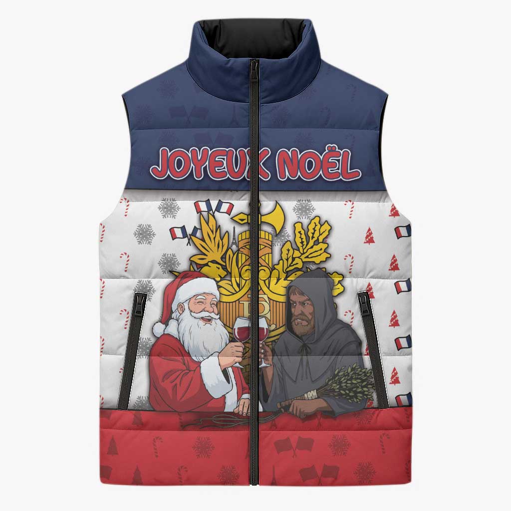 France Christmas Sleeveless Puffer Jacket Pere Noel And Pere Fouettard - Wonder Print Shop