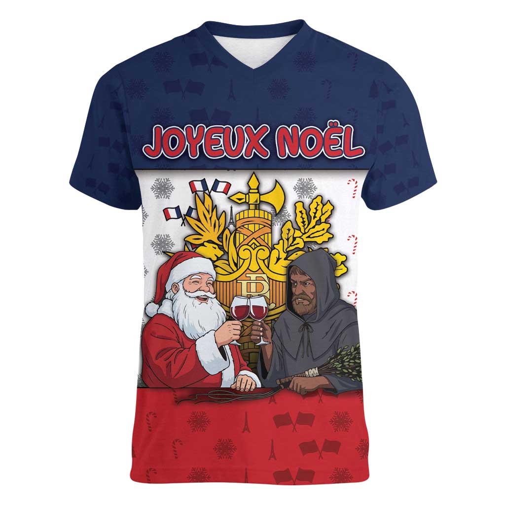 France Christmas Women V-Neck T-Shirt Pere Noel And Pere Fouettard - Wonder Print Shop