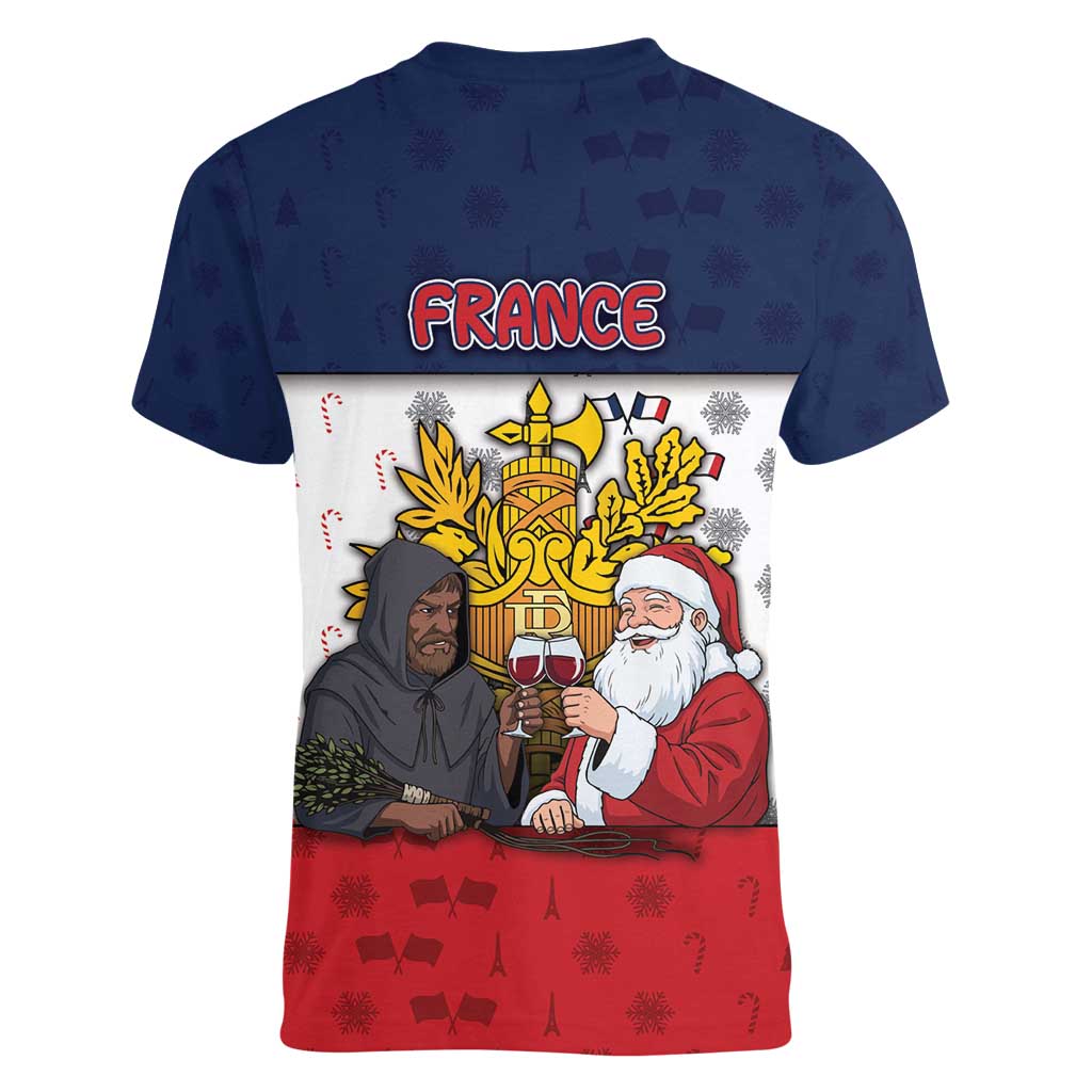 France Christmas Women V-Neck T-Shirt Pere Noel And Pere Fouettard - Wonder Print Shop