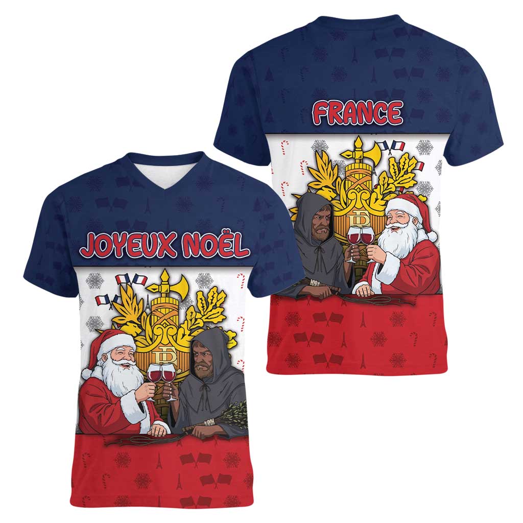 France Christmas Women V-Neck T-Shirt Pere Noel And Pere Fouettard - Wonder Print Shop
