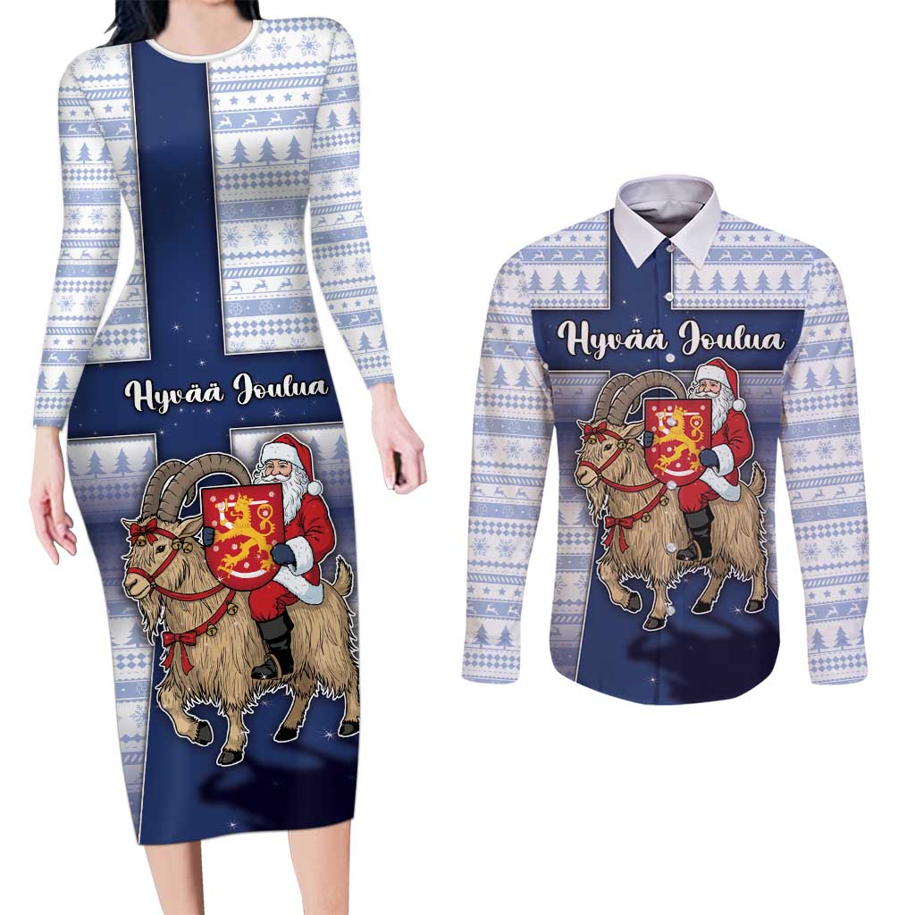 Finland Christmas Couples Matching Long Sleeve Bodycon Dress and Long Sleeve Button Shirt Joulupukki With Coat Of Arms - Wonder Print Shop