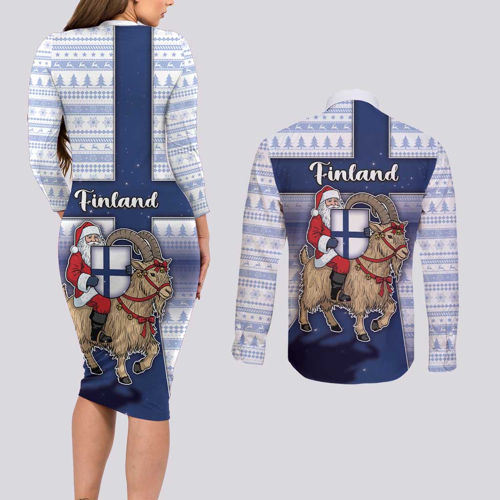 Finland Christmas Couples Matching Long Sleeve Bodycon Dress and Long Sleeve Button Shirt Joulupukki With Coat Of Arms - Wonder Print Shop