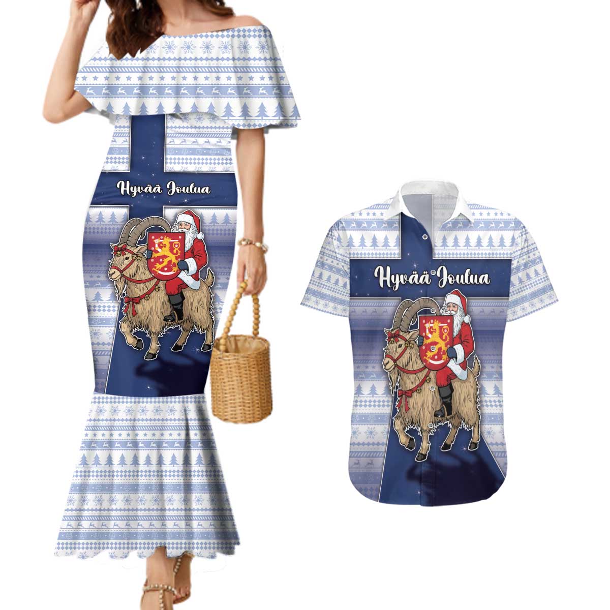 Finland Christmas Couples Matching Mermaid Dress and Hawaiian Shirt Joulupukki With Coat Of Arms - Wonder Print Shop