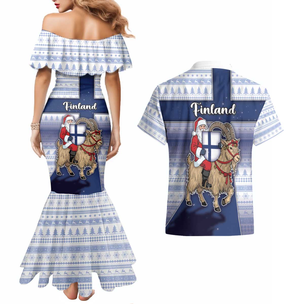 Finland Christmas Couples Matching Mermaid Dress and Hawaiian Shirt Joulupukki With Coat Of Arms - Wonder Print Shop