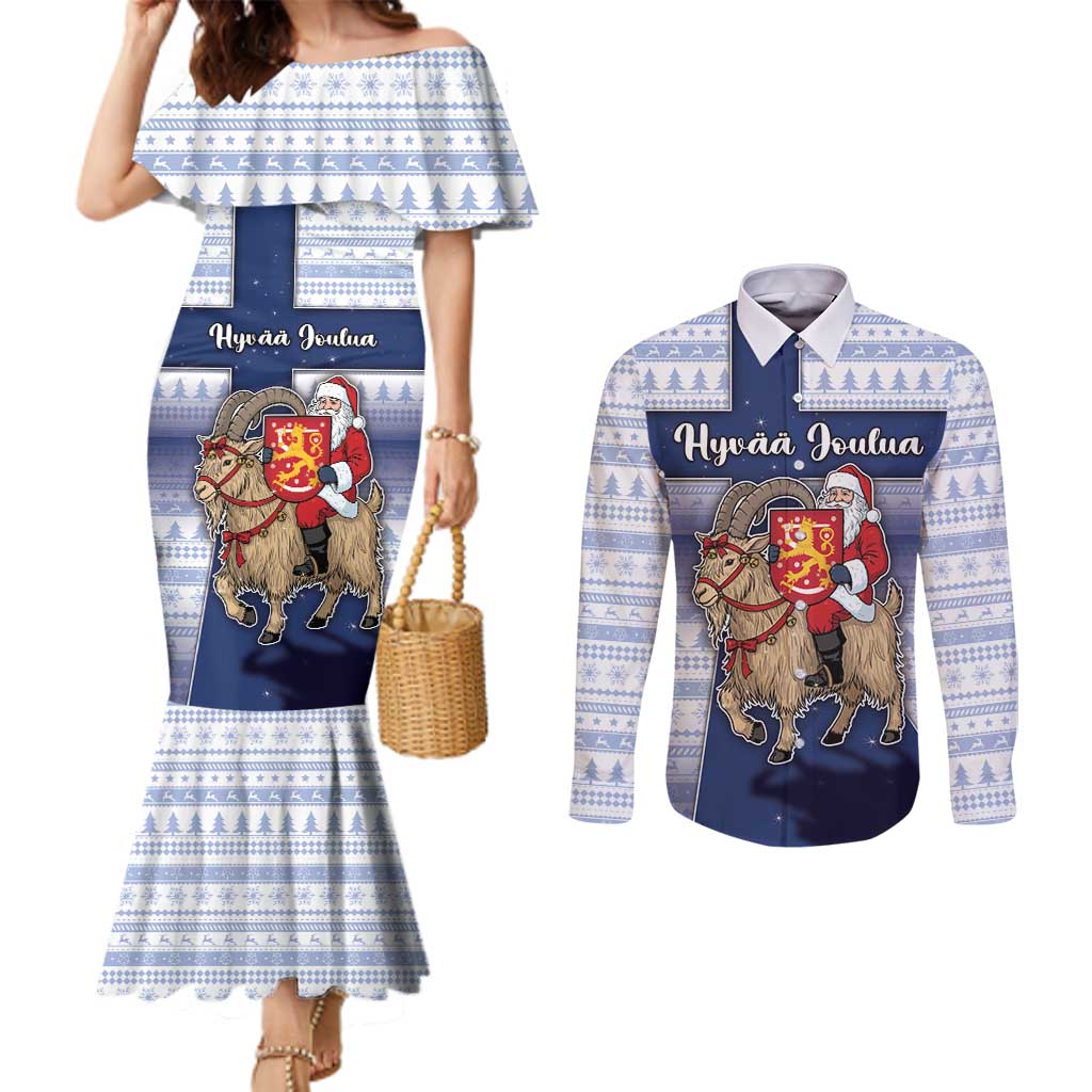 Finland Christmas Couples Matching Mermaid Dress and Long Sleeve Button Shirt Joulupukki With Coat Of Arms - Wonder Print Shop