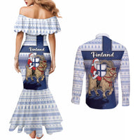 Finland Christmas Couples Matching Mermaid Dress and Long Sleeve Button Shirt Joulupukki With Coat Of Arms - Wonder Print Shop