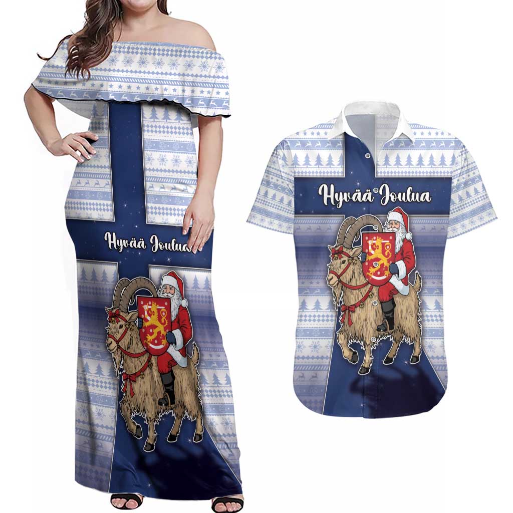 Finland Christmas Couples Matching Off Shoulder Maxi Dress and Hawaiian Shirt Joulupukki With Coat Of Arms - Wonder Print Shop
