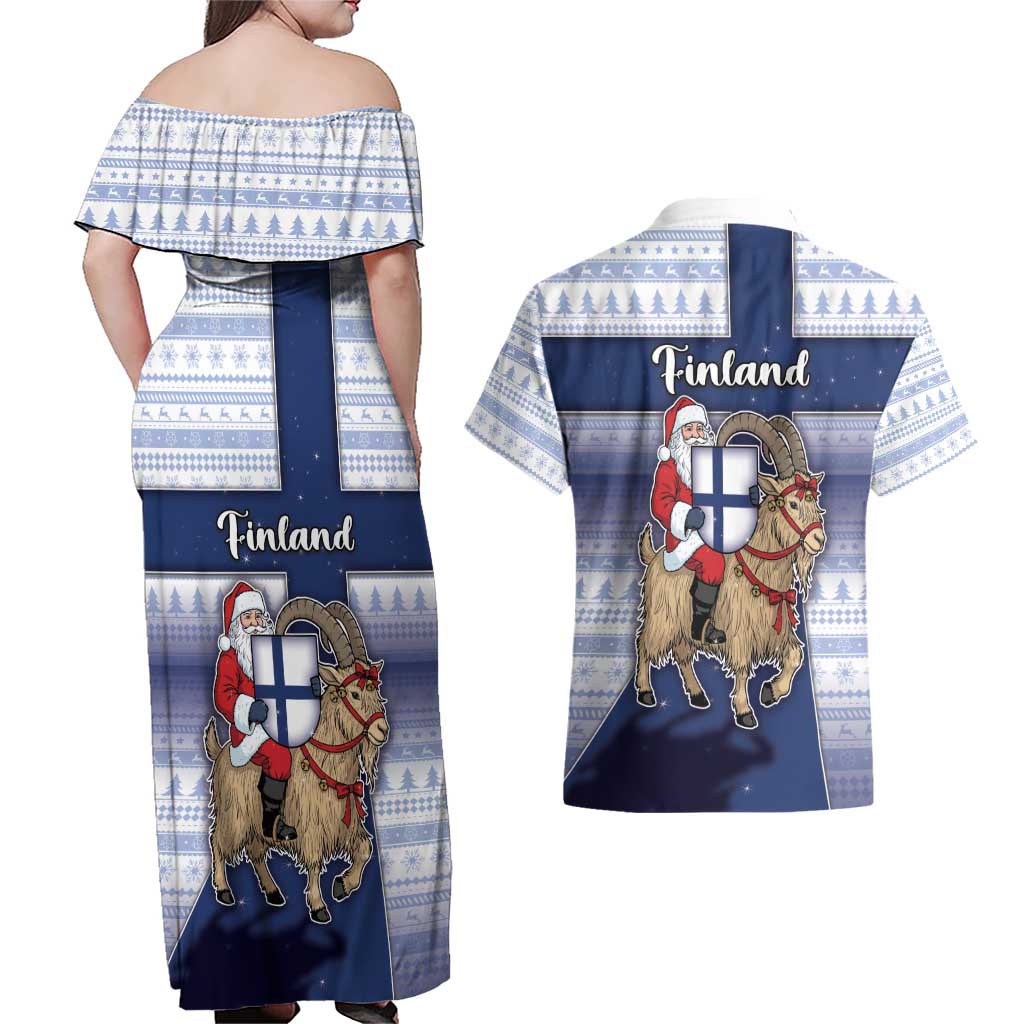 Finland Christmas Couples Matching Off Shoulder Maxi Dress and Hawaiian Shirt Joulupukki With Coat Of Arms - Wonder Print Shop