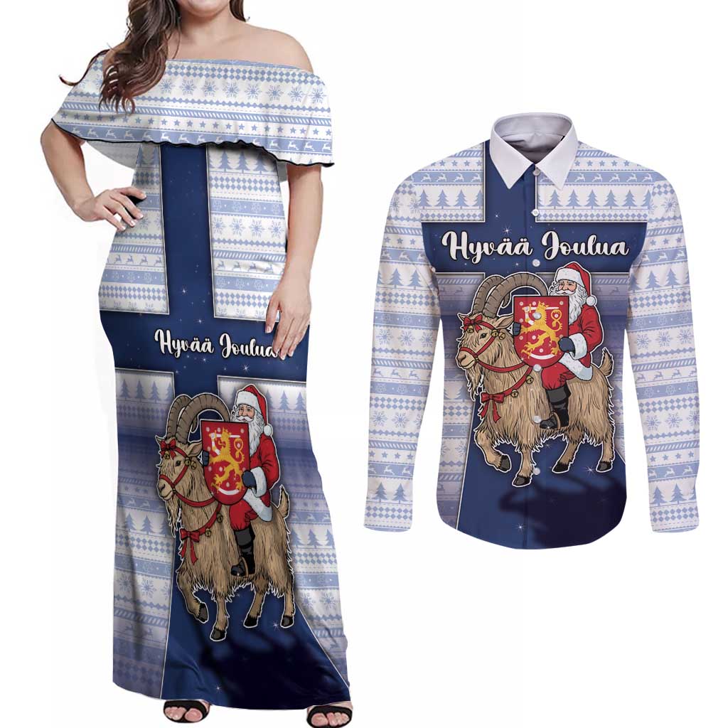 Finland Christmas Couples Matching Off Shoulder Maxi Dress and Long Sleeve Button Shirt Joulupukki With Coat Of Arms - Wonder Print Shop