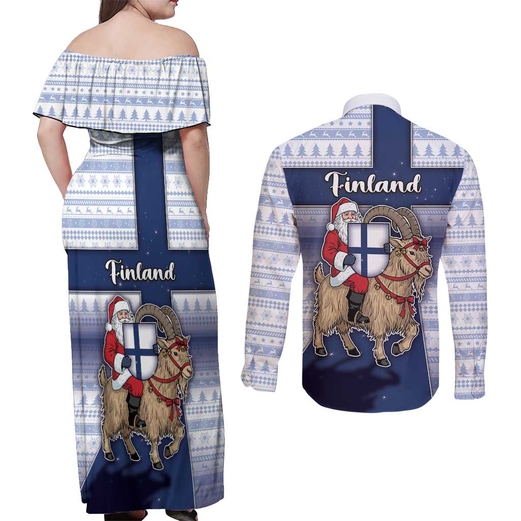 Finland Christmas Couples Matching Off Shoulder Maxi Dress and Long Sleeve Button Shirt Joulupukki With Coat Of Arms - Wonder Print Shop