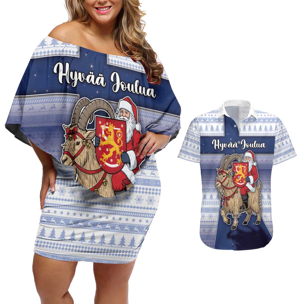 Finland Christmas Couples Matching Off Shoulder Short Dress and Hawaiian Shirt Joulupukki With Coat Of Arms - Wonder Print Shop