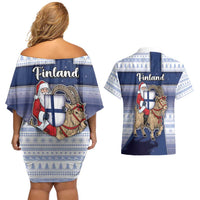 Finland Christmas Couples Matching Off Shoulder Short Dress and Hawaiian Shirt Joulupukki With Coat Of Arms - Wonder Print Shop