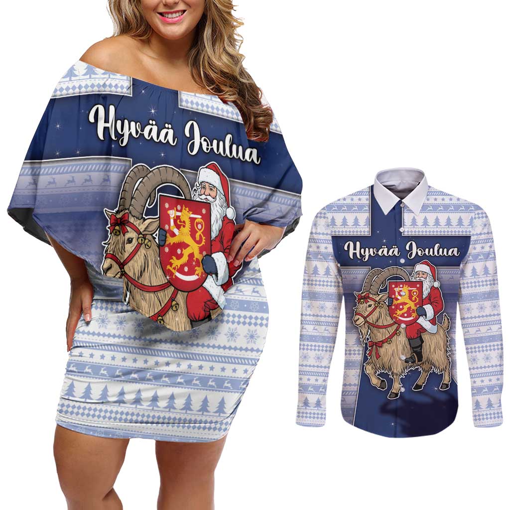 Finland Christmas Couples Matching Off Shoulder Short Dress and Long Sleeve Button Shirt Joulupukki With Coat Of Arms - Wonder Print Shop